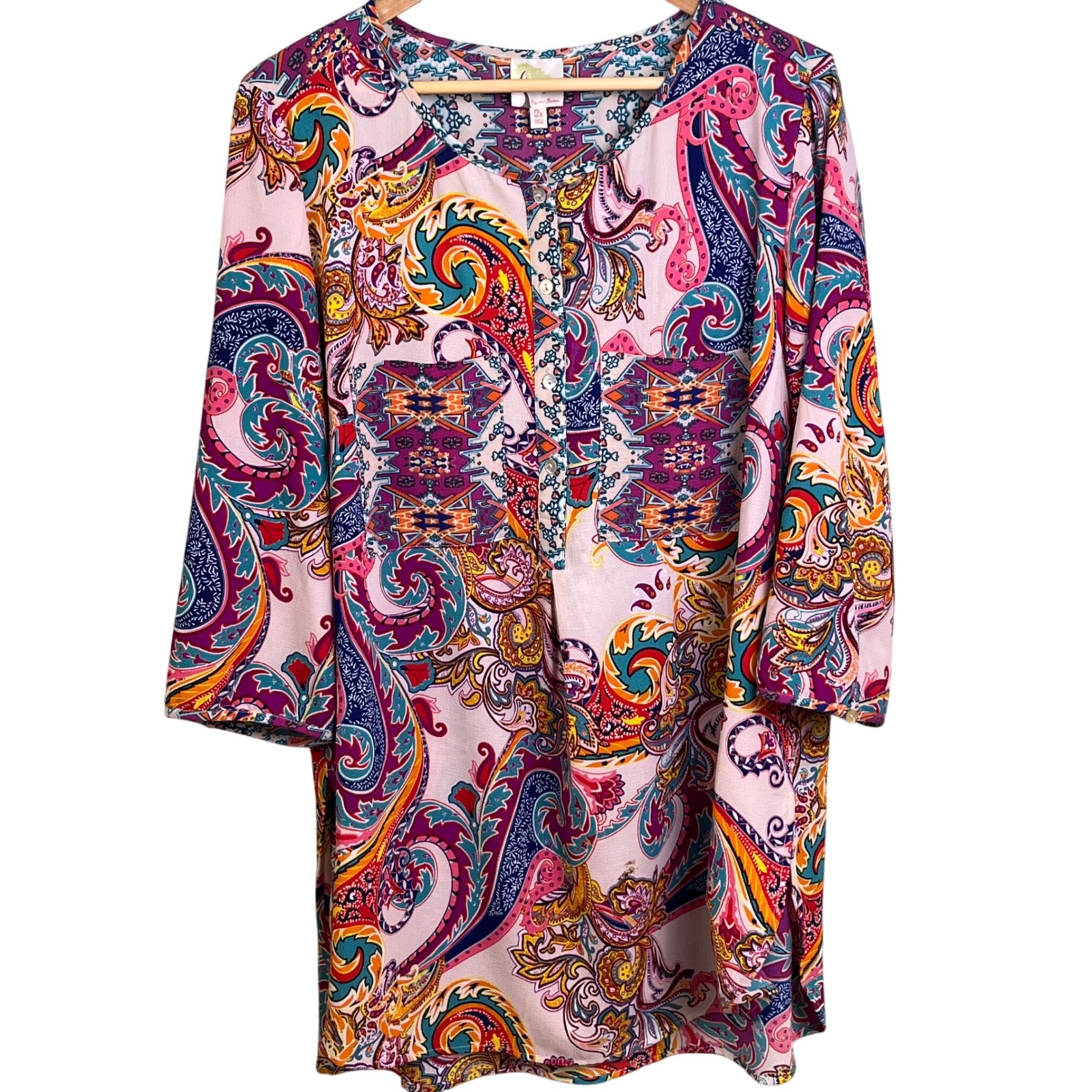 Fig & Flower Anthropology Boho Hippie Peasant Tunic Blue Pink Paisley Top 2x